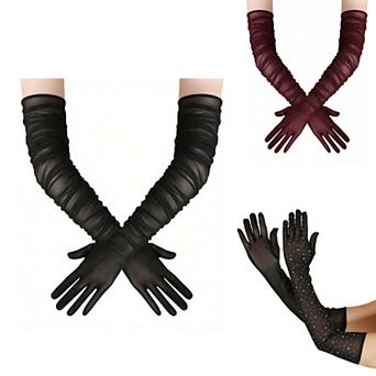 3 Pairs Sheer Mesh Long Gloves - Sheer Evening Gloves,Silky Smooth Gloves,Elegant Long Gloves