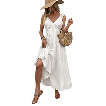 Women's Ruffle Sleeve Tiered Maxi Dress V Neck Backless Casual Sundress