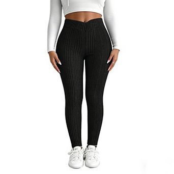 Women's Summer Casual Ribbed Knit High Waist Leggings V-Front Seamless Long Slim Fit Pants