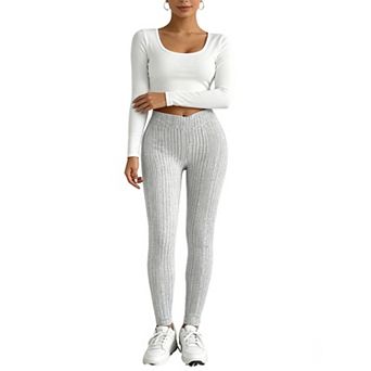 Women's Summer Casual Ribbed Knit High Waist Leggings V-Front Seamless Long Slim Fit Pants