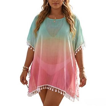 Women's Ombre Tassel Trim Beach Cover-Up, Loose Fit Short Sleeve Tunic
