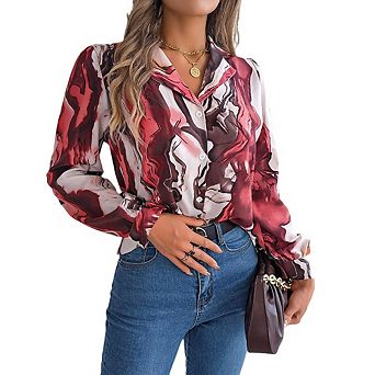 Collared Long Sleeve Printed Button Down Shirt Casual Business Commute Daily Wear Smooth Breathable