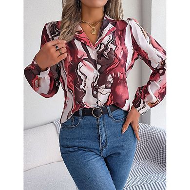 Collared Long Sleeve Printed Button Down Shirt Casual Business Commute Daily Wear Smooth Breathable