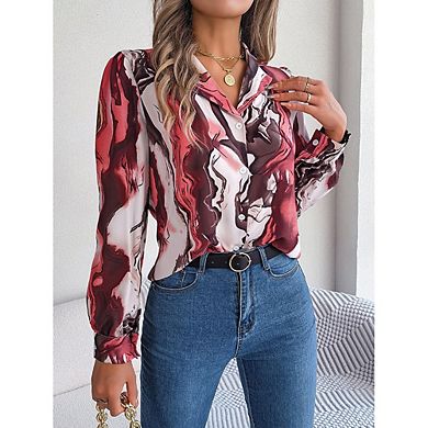 Collared Long Sleeve Printed Button Down Shirt Casual Business Commute Daily Wear Smooth Breathable