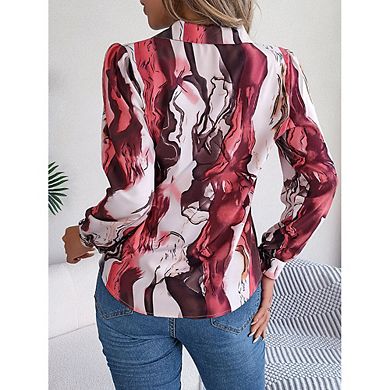 Collared Long Sleeve Printed Button Down Shirt Casual Business Commute Daily Wear Smooth Breathable