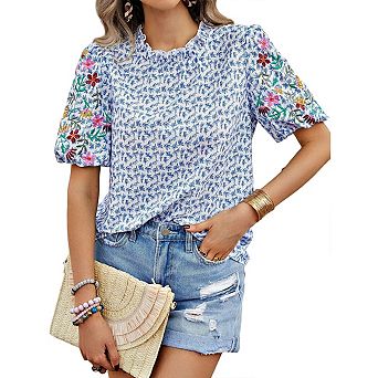 Puff Short Sleeve Shirt for Women Eyelet Tops Summer Crewneck Blouse Loose Fit