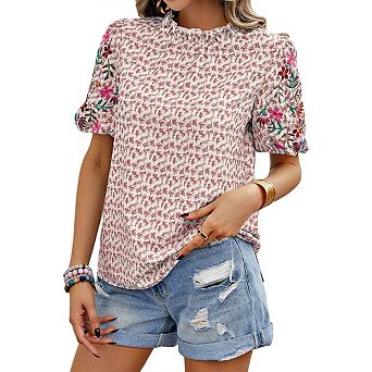 Puff Short Sleeve Shirt for Women Eyelet Tops Summer Crewneck Blouse Loose Fit