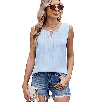 Sleeveless Round Neck Keyhole Cutout Pleated Casual Tank Top Summer Daily Wear Lightweight Flowy Fab