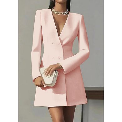 Women's Blazer Dress, Long Sleeve V-Neck Double Breasted Formal Mini Dress