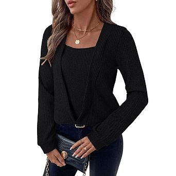 Women's Ribbed Knit Wrap Sweater Top Square Neck Long Sleeve Casual Office Daily Wear