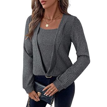 Women's Ribbed Knit Wrap Sweater Top Square Neck Long Sleeve Casual Office Daily Wear