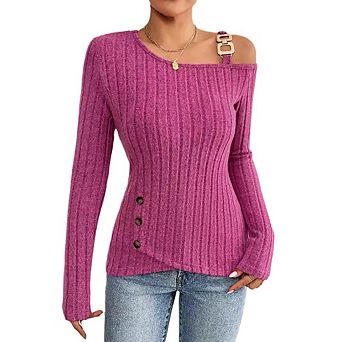 Women's Ribbed Knit Off-Shoulder Top Asymmetric Neckline Casual Daily Office Wear