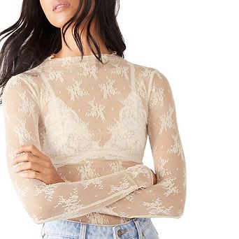 Women's Long Sleeve Lace Mesh Top High Neck Sheer Casual Party Daily Layering Wear