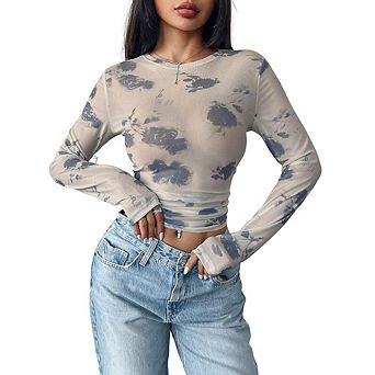 Women's Floral Print Mesh Long Sleeve Top Crew Neck Sheer Fitted Casual Daily Layering Blouse