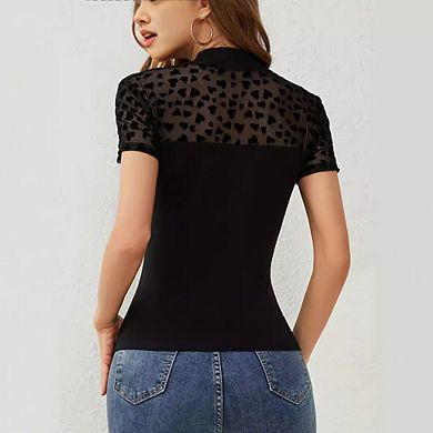 Women's High Neck Fitted Top with Mesh Heart Panel Short Sleeve Casual Date Night Wear