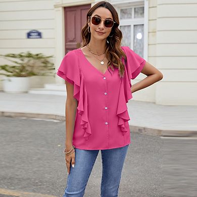 Women's V-Neck Ruffle Sleeve Blouse Button Front Casual Office Daily Wear