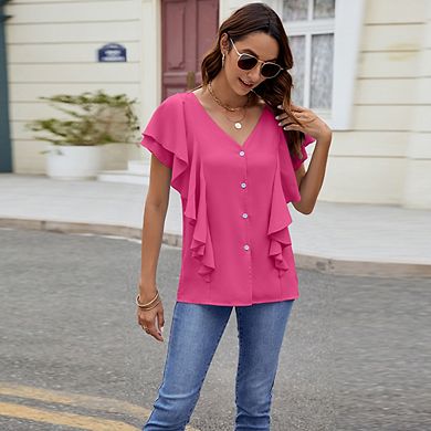 Women's V-Neck Ruffle Sleeve Blouse Button Front Casual Office Daily Wear