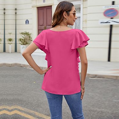 Women's V-Neck Ruffle Sleeve Blouse Button Front Casual Office Daily Wear