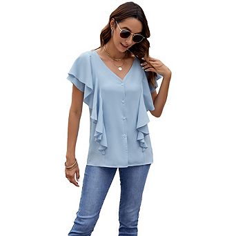 Women's V-Neck Ruffle Sleeve Blouse Button Front Casual Office Daily Wear
