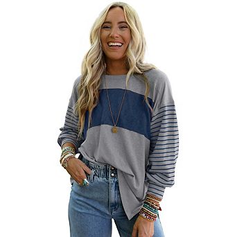 Women's Color Block Striped Long Sleeve T-Shirt Crew Neck Casual Loose Fit Daily Weekend Wear Top