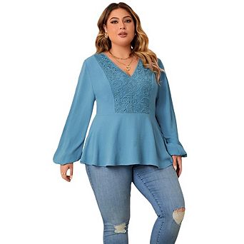 Women's Plus Size V-Neck Peplum Blouse with Lace Panel Long Sleeve Casual Office Wear