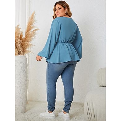 Women's Plus Size V-Neck Peplum Blouse with Lace Panel Long Sleeve Casual Office Wear