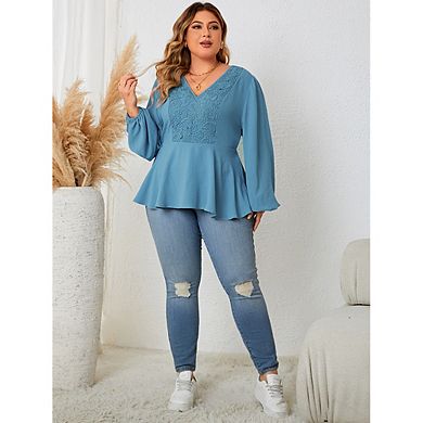 Women's Plus Size V-Neck Peplum Blouse with Lace Panel Long Sleeve Casual Office Wear