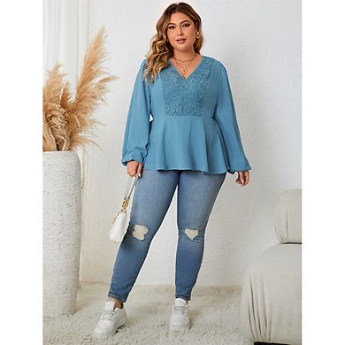 Women's Plus Size V-Neck Peplum Blouse with Lace Panel Long Sleeve Casual Office Wear