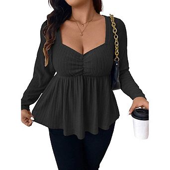 Women's Ribbed Knit Peplum Blouse Square Neck Long Sleeve Casual Office Daily Wear Top