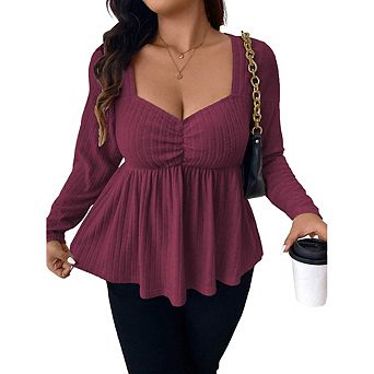 Women's Ribbed Knit Peplum Blouse Square Neck Long Sleeve Casual Office Daily Wear Top