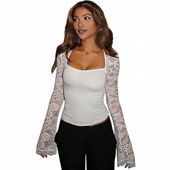 Women's Lace Bell Sleeve Shrug Open Front Long Sleeve Casual Party Date Night Wear Top