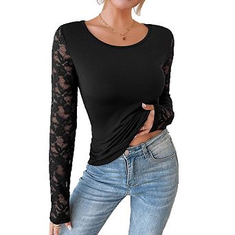 Women's Long Sleeve Fitted Top with Lace Sleeves Round Neck Casual Office Daily Wear