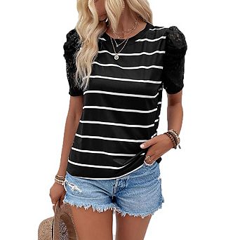 Women's Striped Short Sleeve Top with Lace Puff Sleeves Casual Summer Vacation Wear