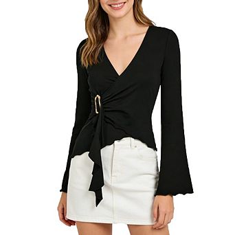 Women's V-Neck Wrap Long Sleeve Top Ruched Waist Flared Sleeve Office Date Night Wear