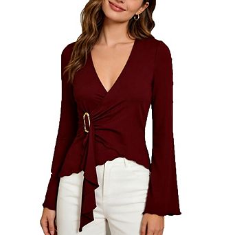 Women's V-Neck Wrap Long Sleeve Top Ruched Waist Flared Sleeve Office Date Night Wear