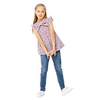 Girls' Floral Print Blouse, Bow Tie Neck Ruffle Sleeve Lace Trim Casual Top for Kids