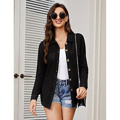 Women's Waffle Knit Button Down Shirt, Long Sleeve Collared Loose Fit Cardigan, Casual Shacket