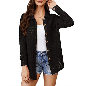 Women's Waffle Knit Button Down Shirt, Long Sleeve Collared Loose Fit Cardigan, Casual Shacket
