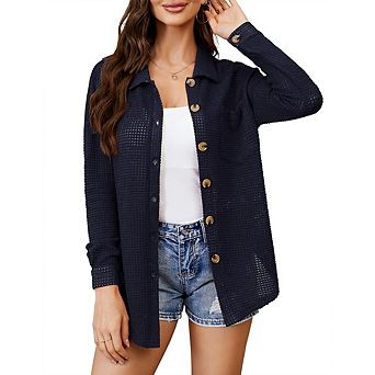 Women's Waffle Knit Button Down Shirt, Long Sleeve Collared Loose Fit Cardigan, Casual Shacket