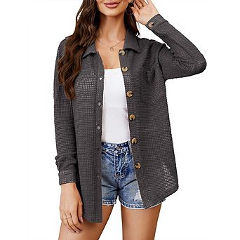 Women's Waffle Knit Button Down Shirt, Long Sleeve Collared Loose Fit Cardigan, Casual Shacket