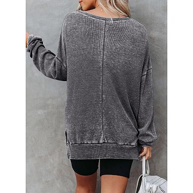Waffle Knit Tops for Women Crewneck Pullover Sweatshirts Long Sleeve Oversized Shirts Side Slit