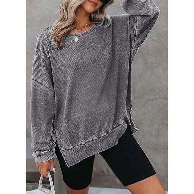 Waffle Knit Tops for Women Crewneck Pullover Sweatshirts Long Sleeve Oversized Shirts Side Slit