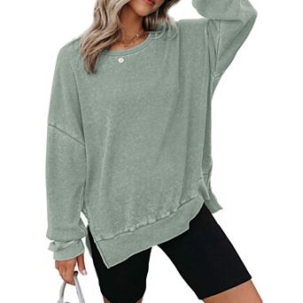 Waffle Knit Tops for Women Crewneck Pullover Sweatshirts Long Sleeve Oversized Shirts Side Slit