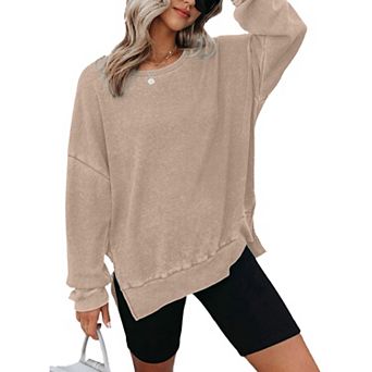 Waffle Knit Tops for Women Crewneck Pullover Sweatshirts Long Sleeve Oversized Shirts Side Slit