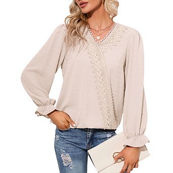 Women's Swiss Dot Blouse, Lace Trim V-Neck Long Sleeve Ruffle Cuff Chiffon Top, Casual Dressy Shirt