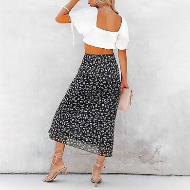 Women’s Floral Print Casual High Elastic Waist Vintage Long Boho Skirts