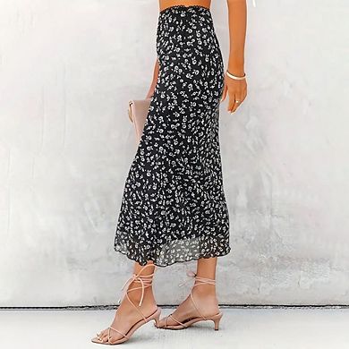 Women’s Floral Print Casual High Elastic Waist Vintage Long Boho Skirts
