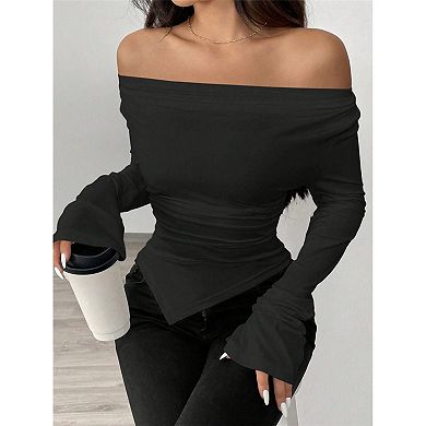 Womens Long Sleeve Top V Neck Ruched Shirts Asymmetrical Hem Fitted Casual Blouse