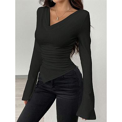 Womens Long Sleeve Top V Neck Ruched Shirts Asymmetrical Hem Fitted Casual Blouse
