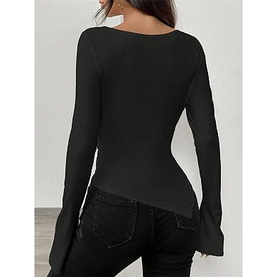 Womens Long Sleeve Top V Neck Ruched Shirts Asymmetrical Hem Fitted Casual Blouse